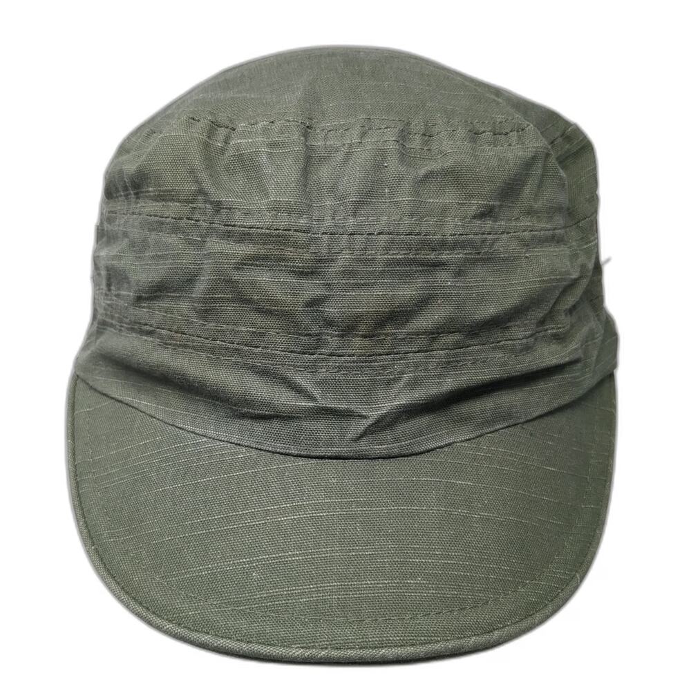 Army Cap Hat Green One Size Side Buttons Elastic Back Gathered Crown Plain Top